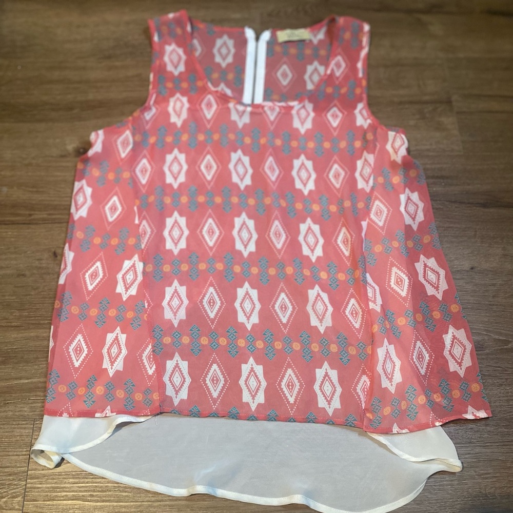 Jella Couture. Small. Pink, teal, orange and white sleeveless blouse.